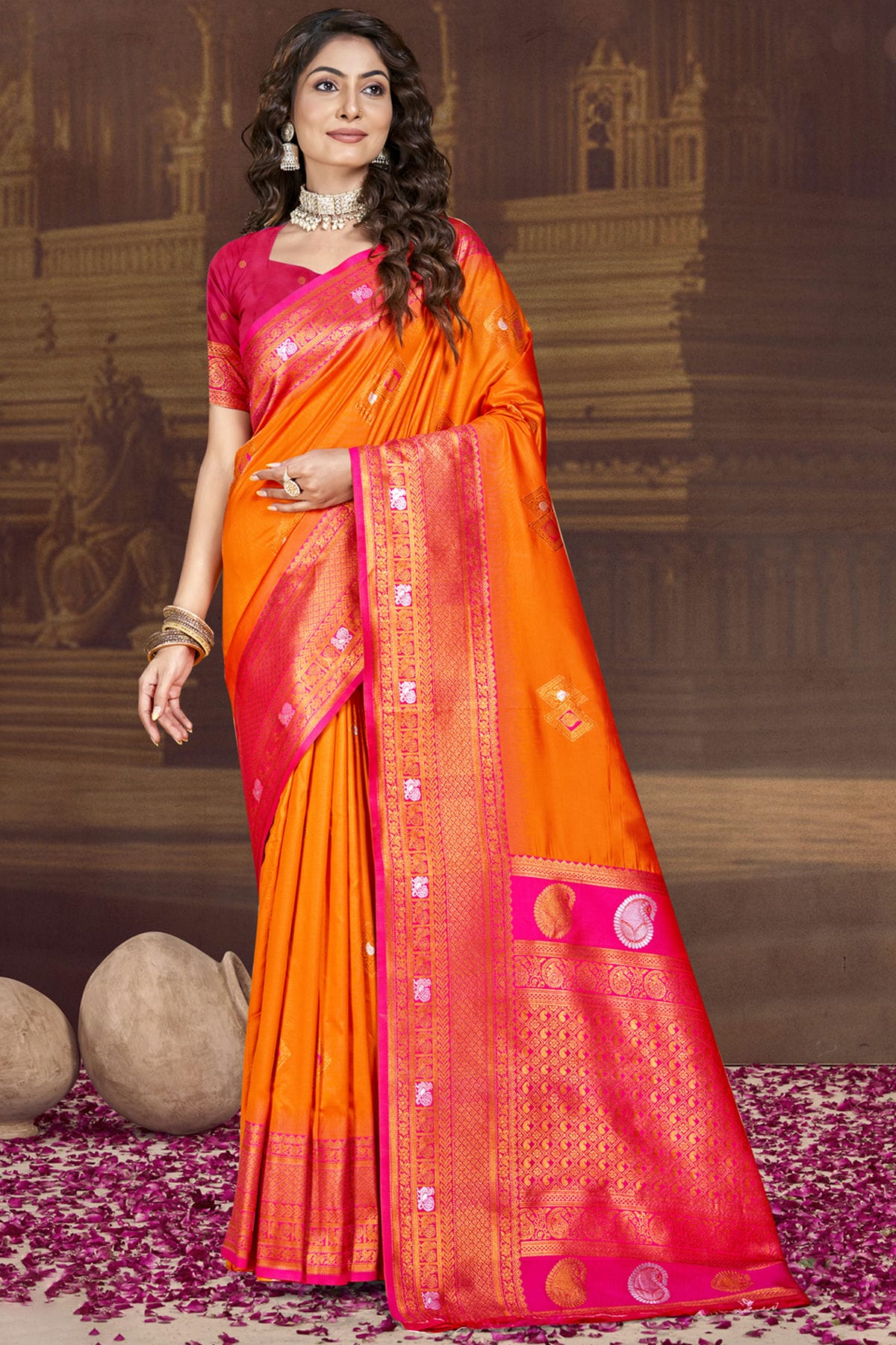 Orange Colour Silk Woven Work Traditional Saree