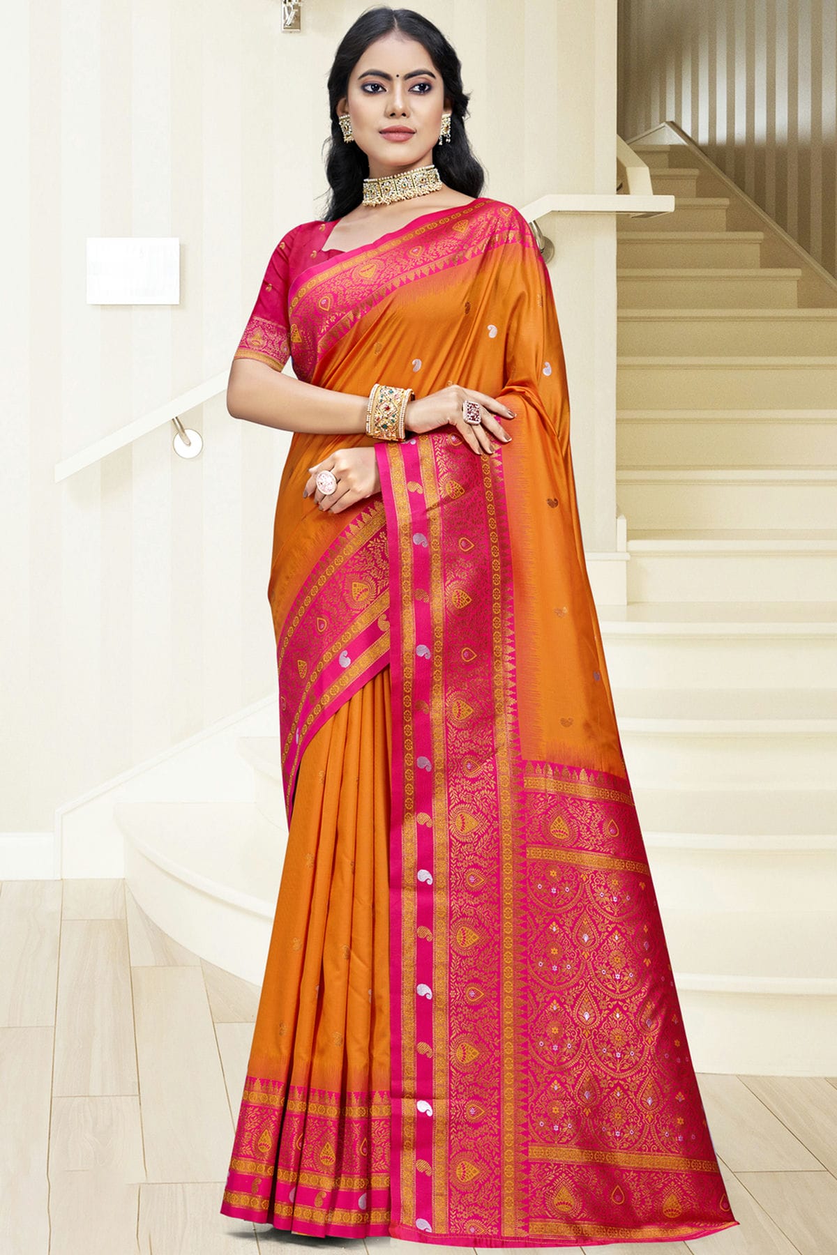 Orange Colour Silk Woven Work Traditional Saree