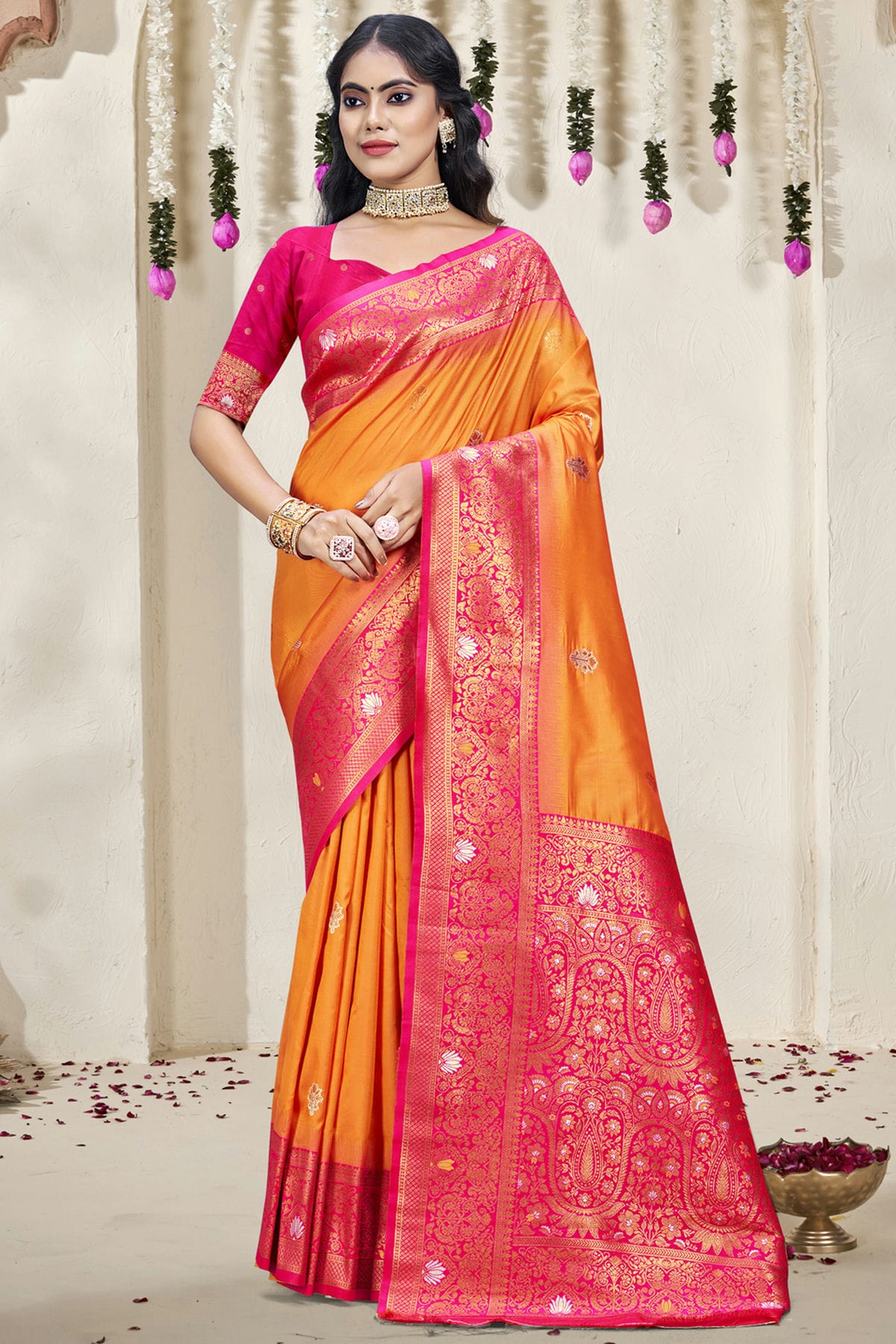 Orange Colour Silk Woven Work Traditional Saree