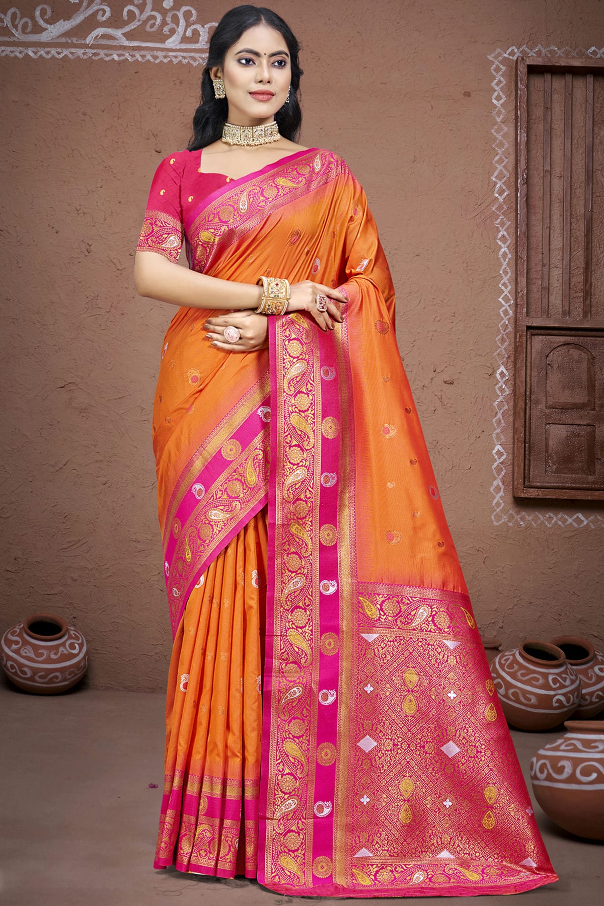 Orange Colour Silk Woven Work Traditional Saree