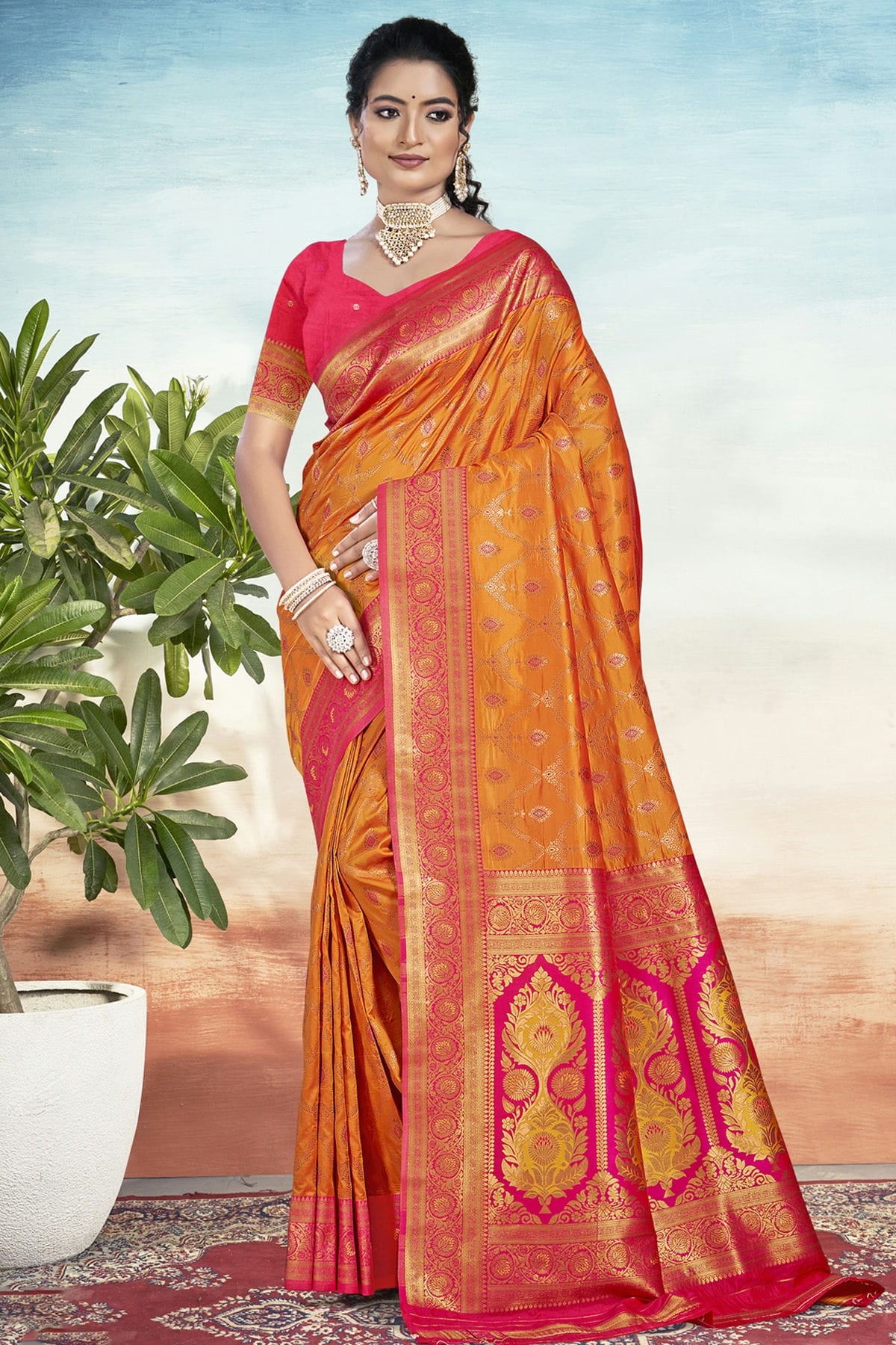 Orange Colour Silk Woven Work Traditional Saree