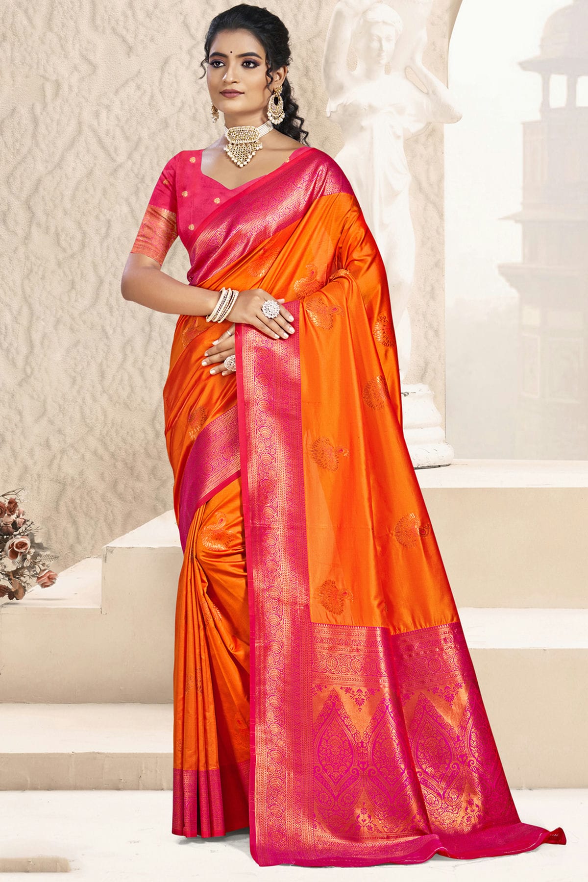 Orange Colour Silk Woven Work Traditional Saree