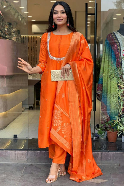Orange Colour Viscose Chanderi Stitched Salwar Suit