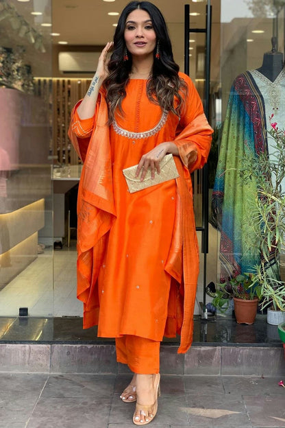 Orange Colour Viscose Chanderi Stitched Salwar Suit