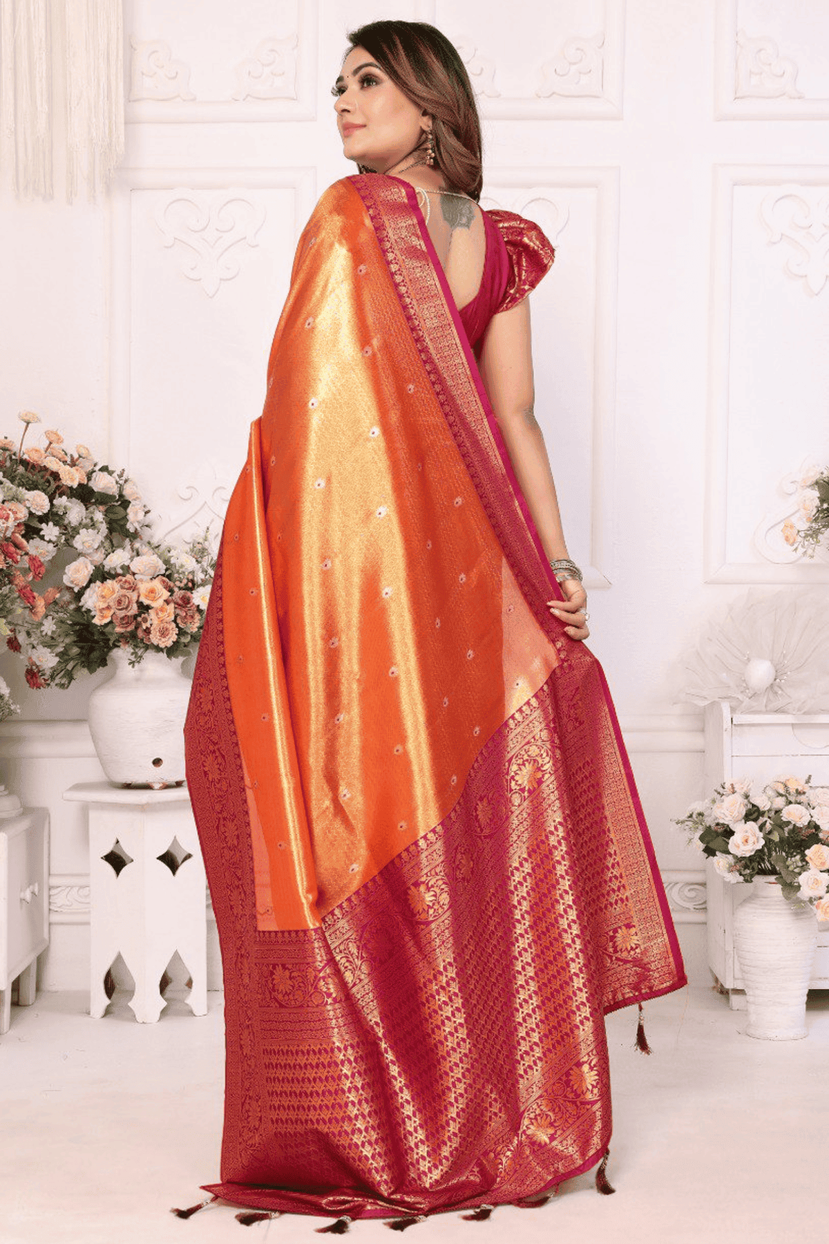 Orange Colour Woven Work Pure Banarasi Tissue Silk Traditional Saree