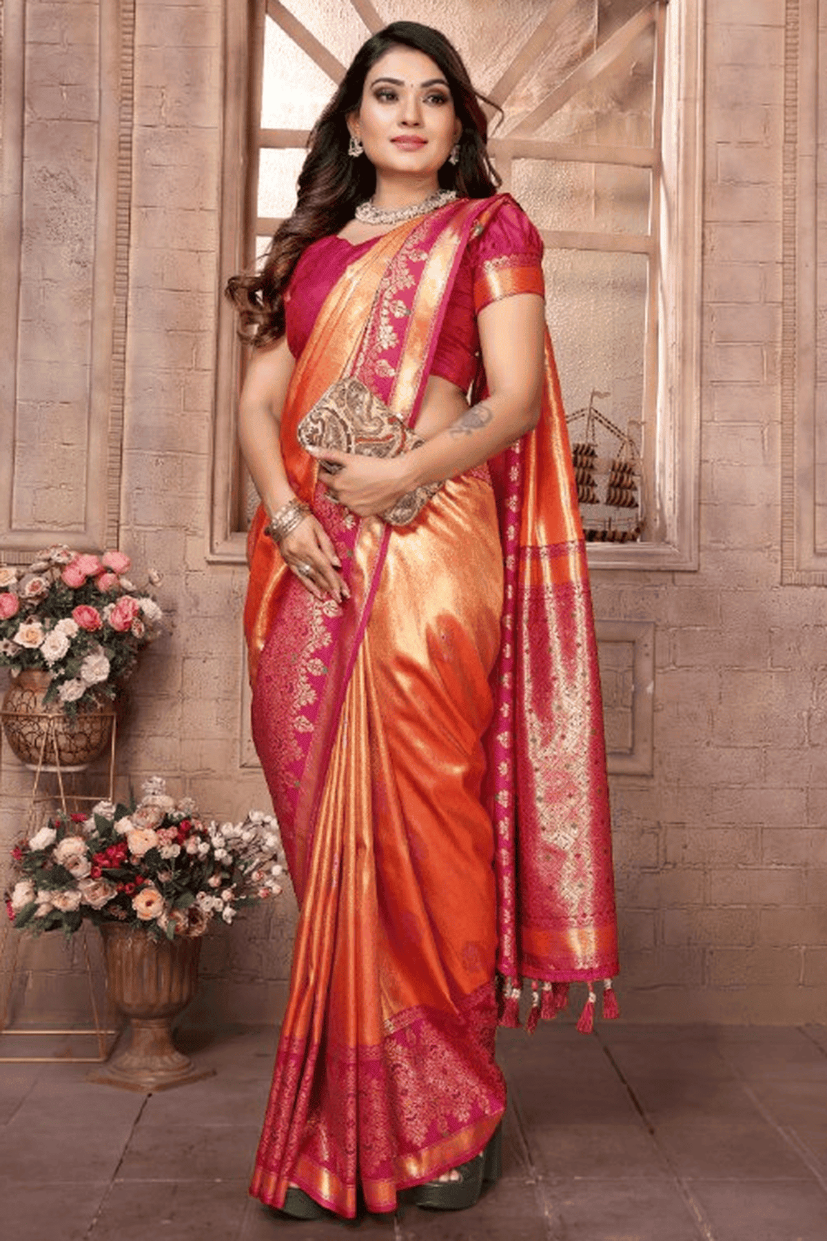 Orange Colour Woven Work Pure Banarasi Tissue Silk Traditional Saree