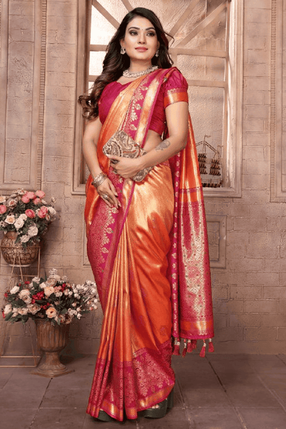 Orange Colour Woven Work Pure Banarasi Tissue Silk Traditional Saree