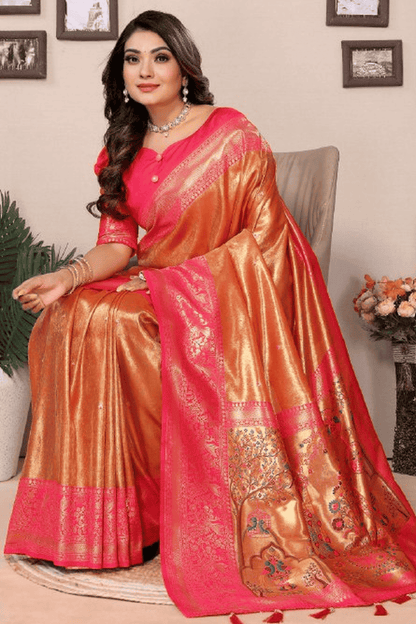 Orange Colour Woven Work Pure Banarasi Tissue Silk Traditional Saree