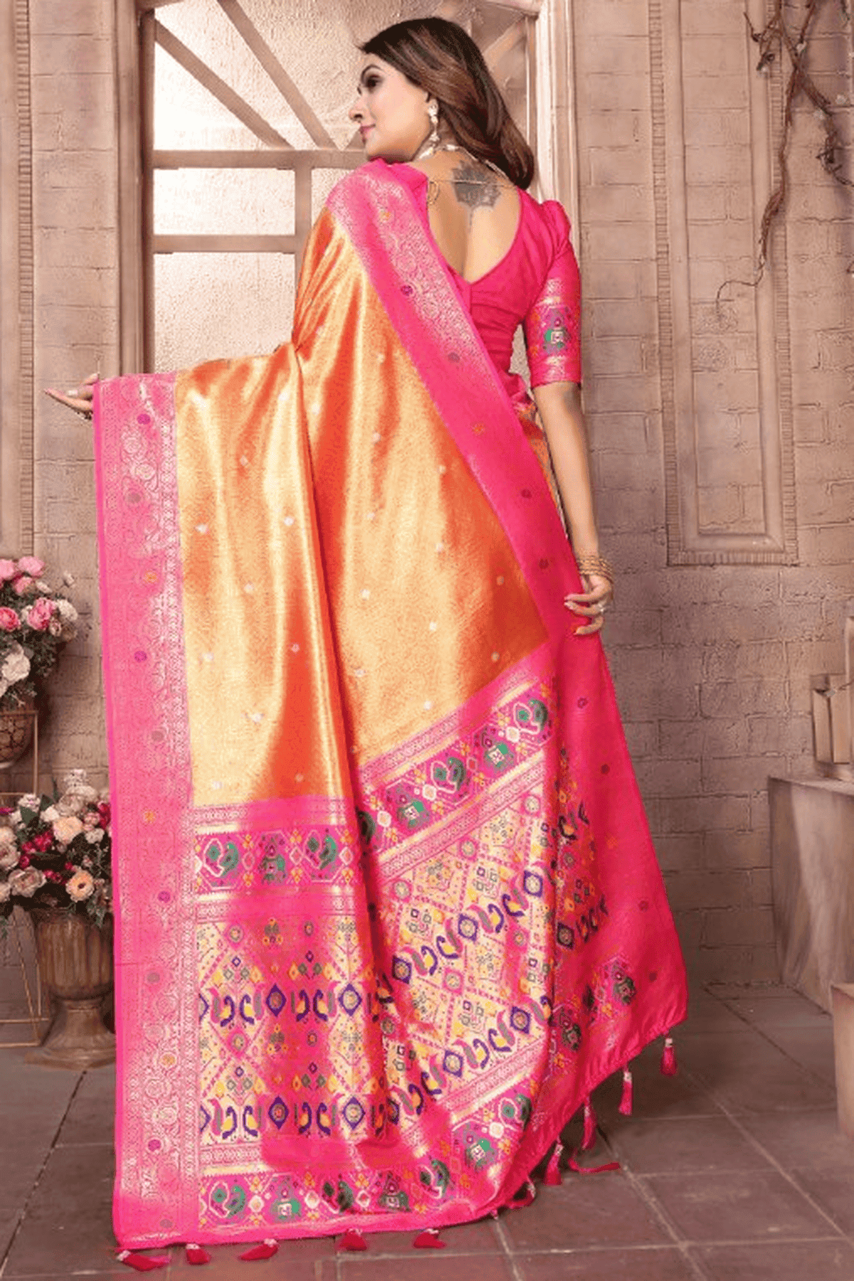 Orange Colour Woven Work Pure Banarasi Tissue Silk Traditional Saree