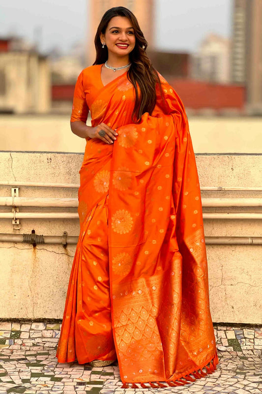 Orange Colour Zari Work Moonga Silk Traditional Sarees VSSD1113349
