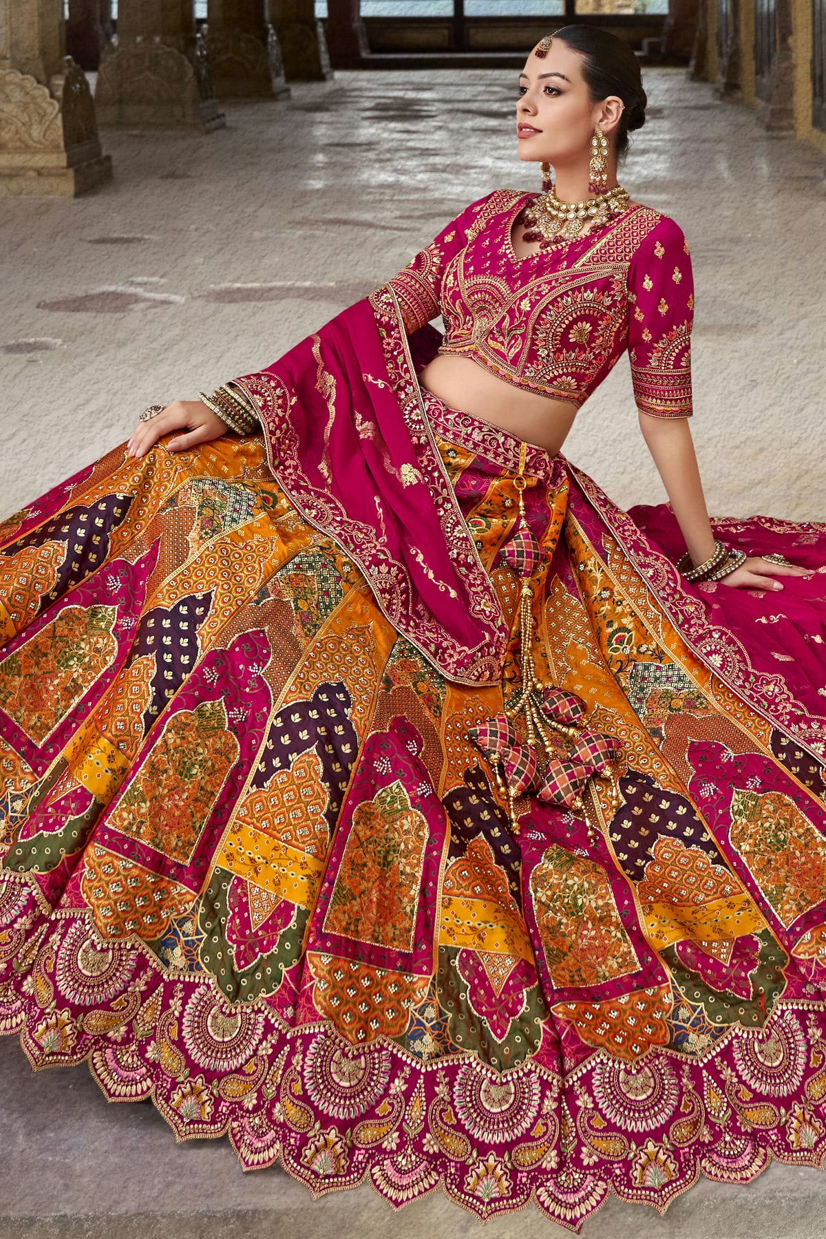 Orange and Pink Colour Banarasi Silk Bridal Lehenga Choli VSLC1290101