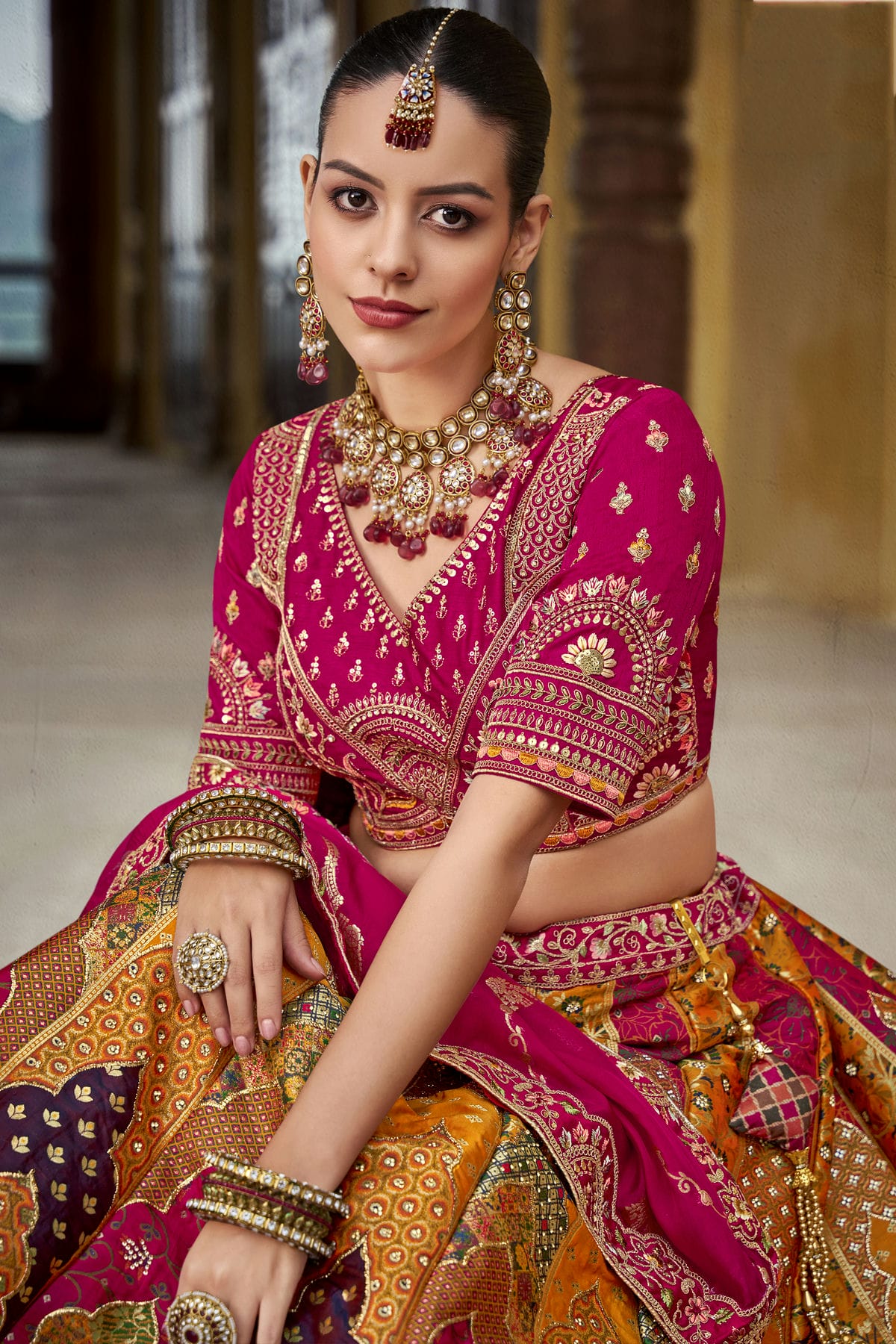 Orange and Pink Colour Banarasi Silk Bridal Lehenga Choli VSLC1290101