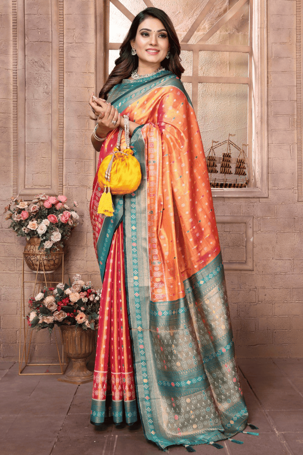Orange and Pink Colour Woven Work Pure Banarasi Tissue Silk Traditional Saree