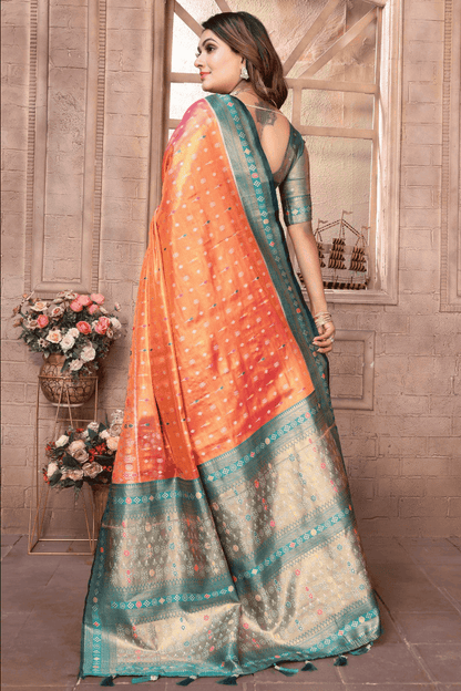 Orange and Pink Colour Woven Work Pure Banarasi Tissue Silk Traditional Saree