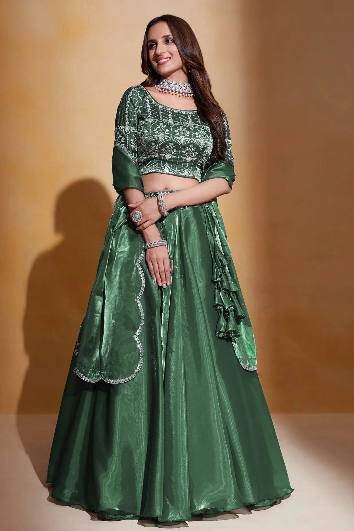 Organza Designer Lehenga CholiIn Green NCLC12710121