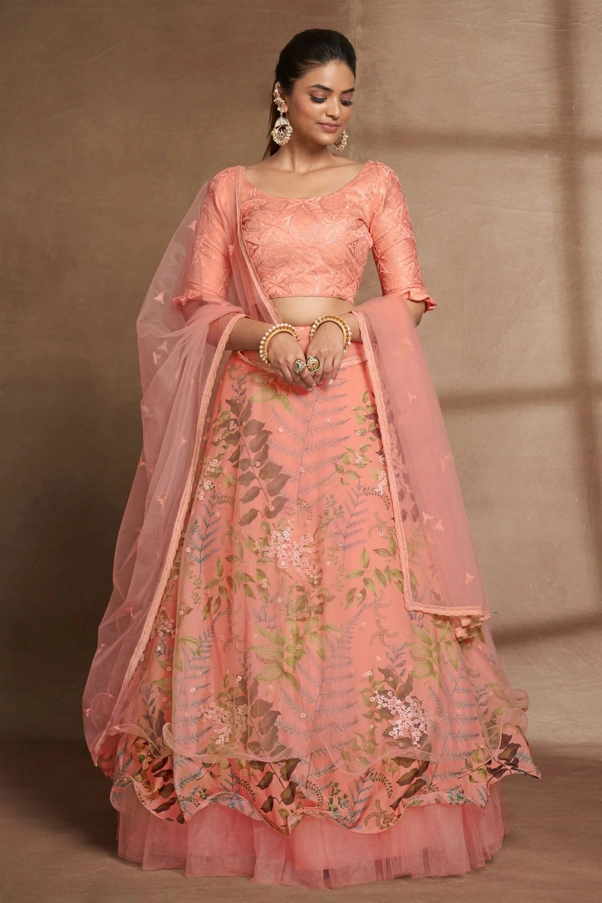 Organza and Net Designer Lehenga CholiIn Peach NCLC12710128