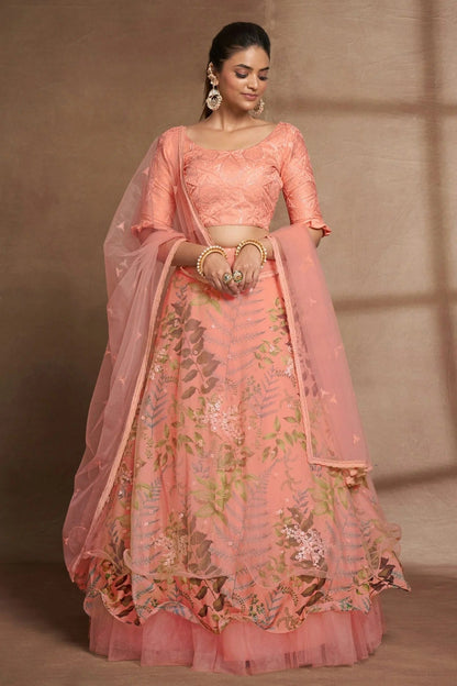 Organza and Net Designer Lehenga CholiIn Peach NCLC12710128