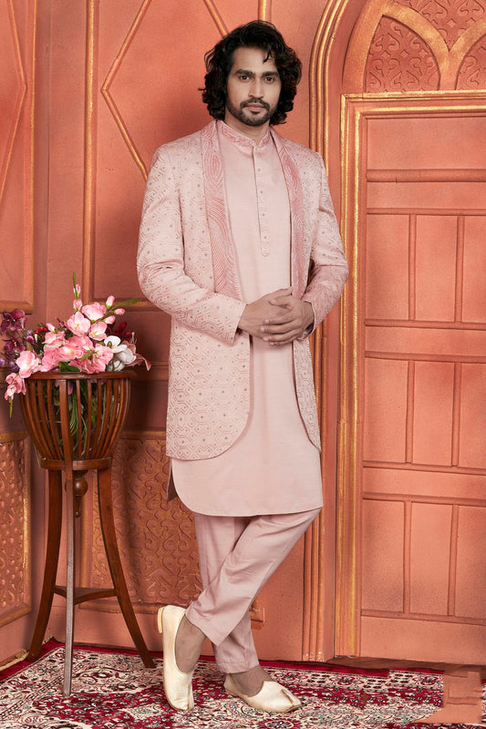 Peach Colour Art Silk Indowestern Sherwani With Aligadhi Pant