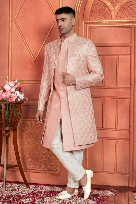 Peach Colour Art Silk Indowestern Sherwani With Aligadhi Pant
