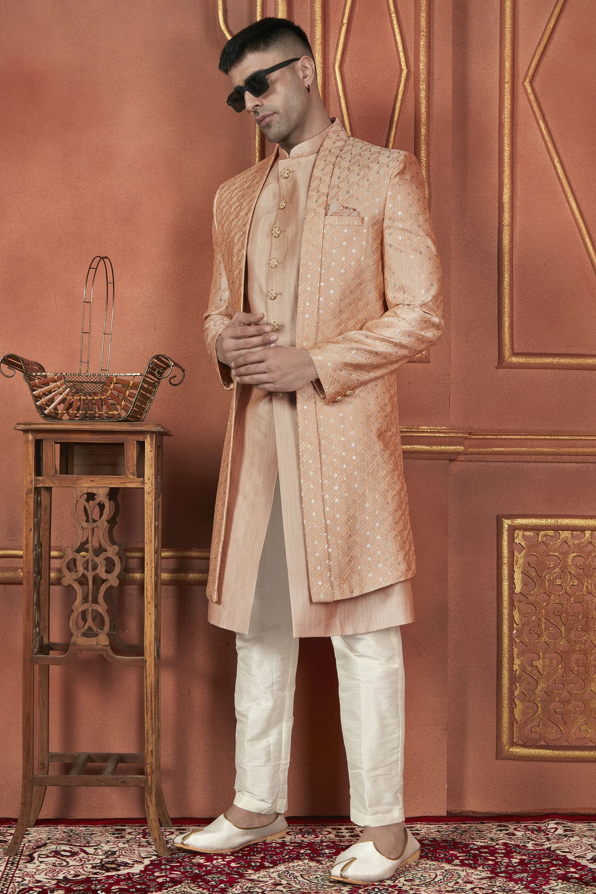 Peach Colour Art Silk Indowestern Sherwani With Aligadhi Pant VSSH1230088