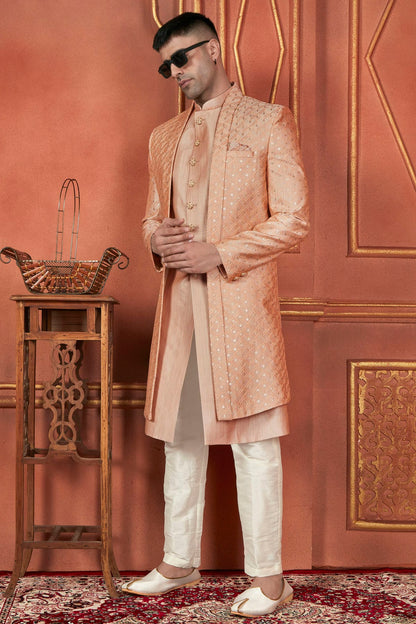 Peach Colour Art Silk Indowestern Sherwani With Aligadhi Pant VSSH1230088