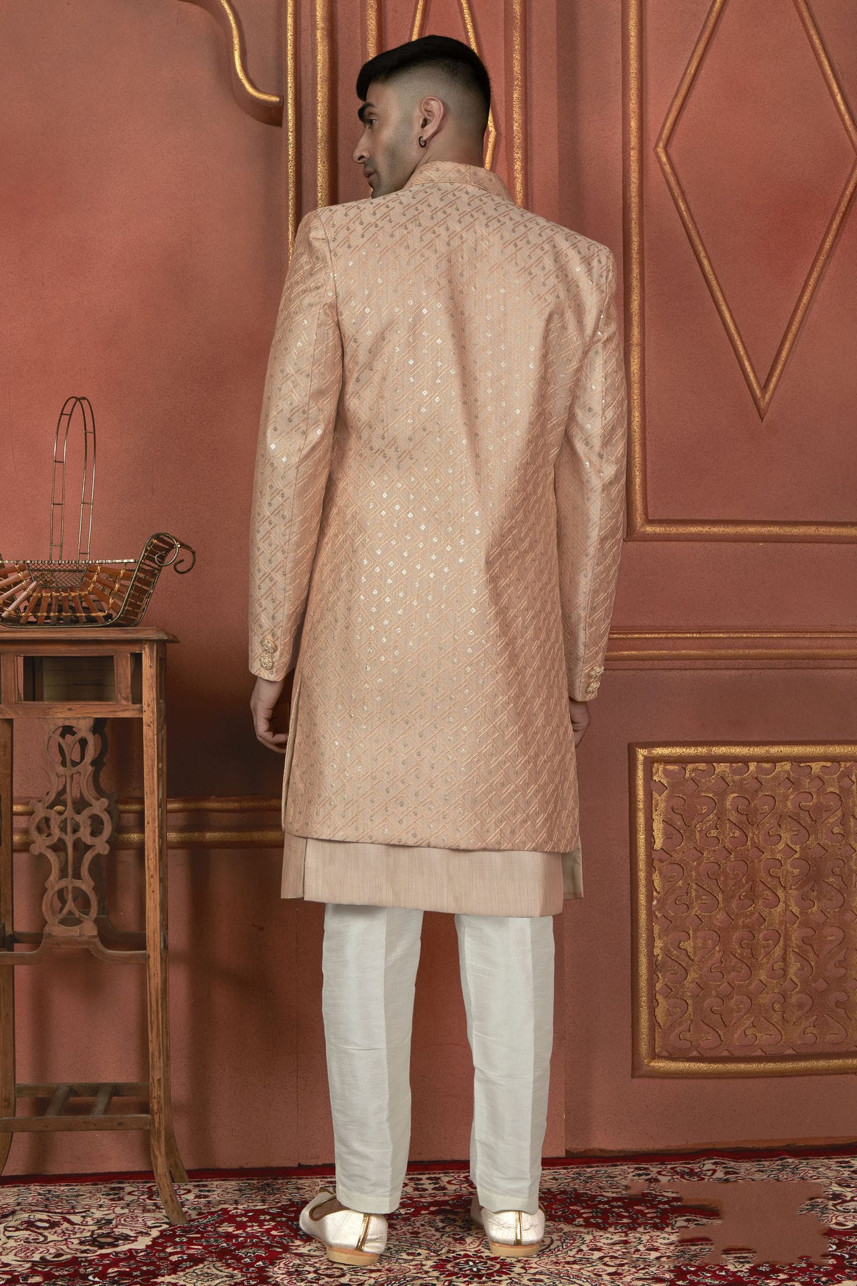 Peach Colour Art Silk Indowestern Sherwani With Aligadhi Pant VSSH1230088
