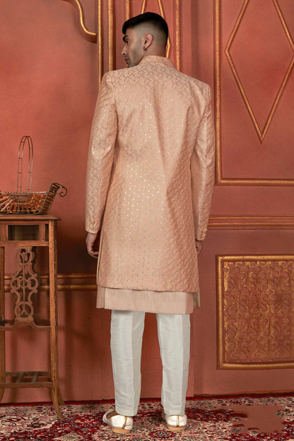 Peach Colour Art Silk Indowestern Sherwani With Aligadhi Pant VSSH1230088