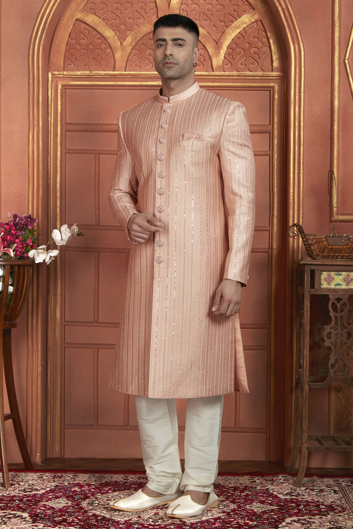 Peach Colour Art Silk Sherwani With Churidar Pant VSSH1230051