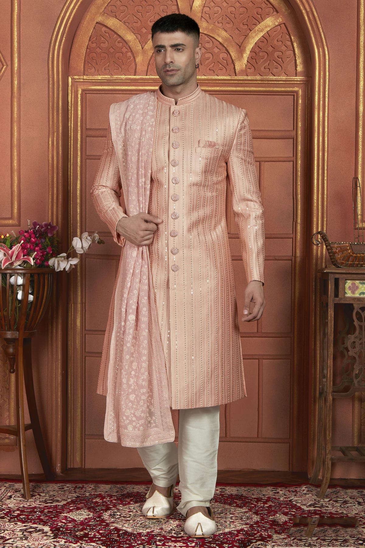 Peach Colour Art Silk Sherwani With Churidar Pant