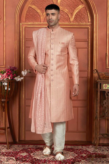 Peach Colour Art Silk Sherwani With Churidar Pant