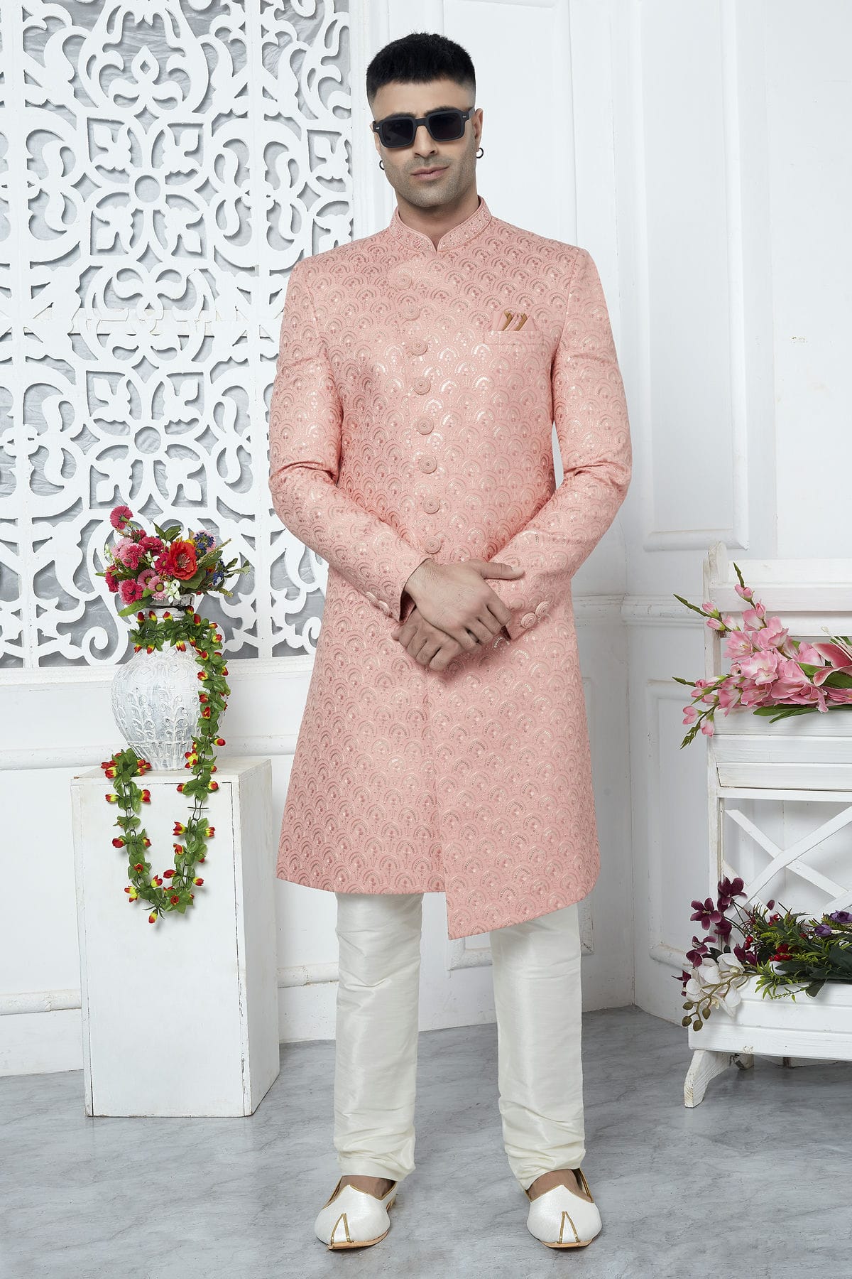 Peach Colour Art Silk Sherwani With Churidar Pant VSSH1230062