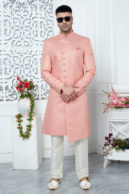 Peach Colour Art Silk Sherwani With Churidar Pant VSSH1230062