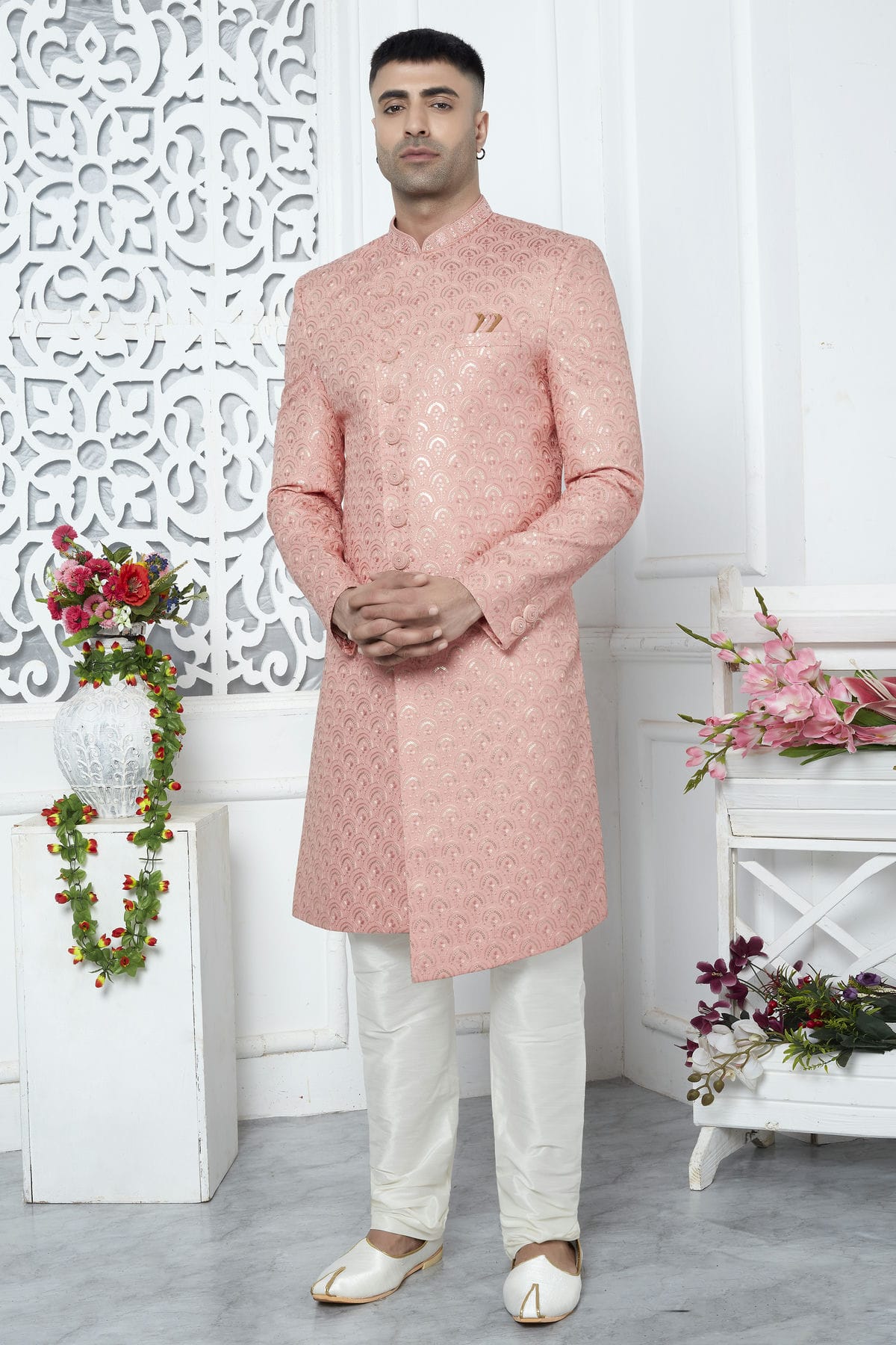 Peach Colour Art Silk Sherwani With Churidar Pant