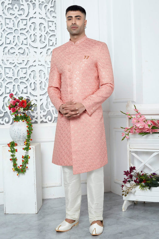 Peach Colour Art Silk Sherwani With Churidar Pant