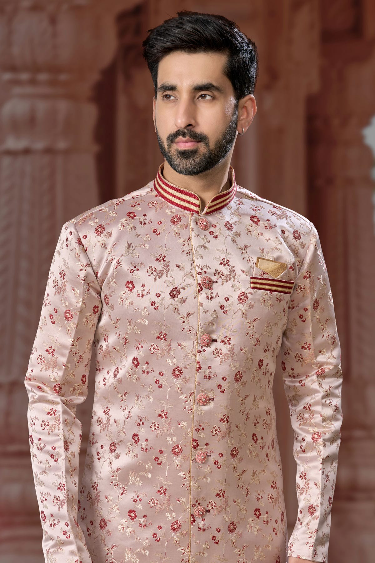 Peach Colour Banarasi Soft Jacquard Sherwani VSSH1040562