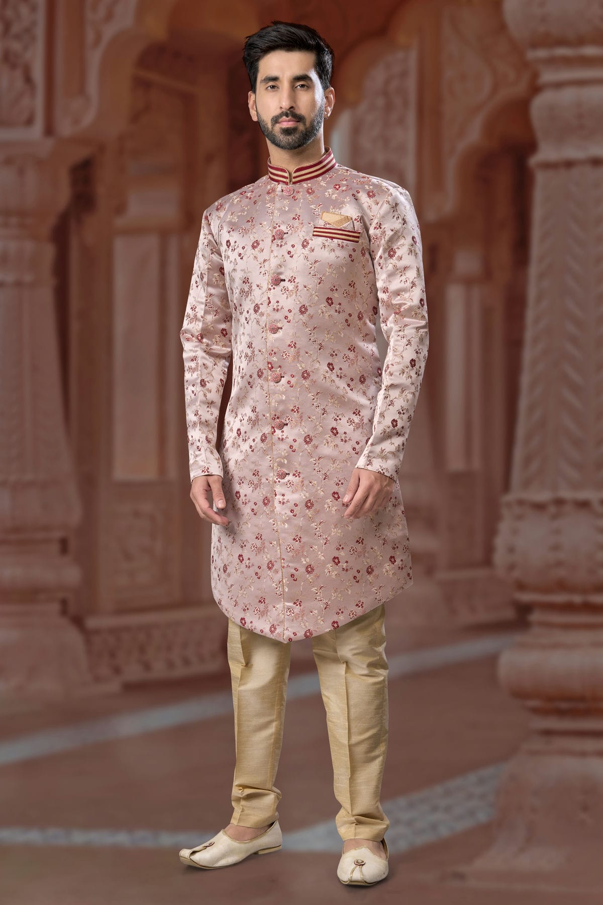 Peach Colour Banarasi Soft Jacquard Sherwani VSSH1040562