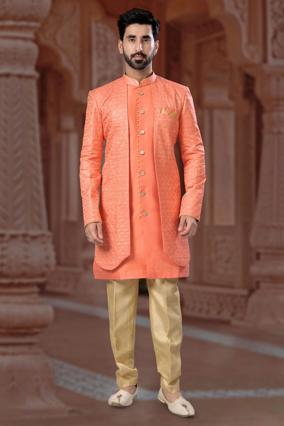 Peach Colour Banglori Silk Sherwani VSSH1040569