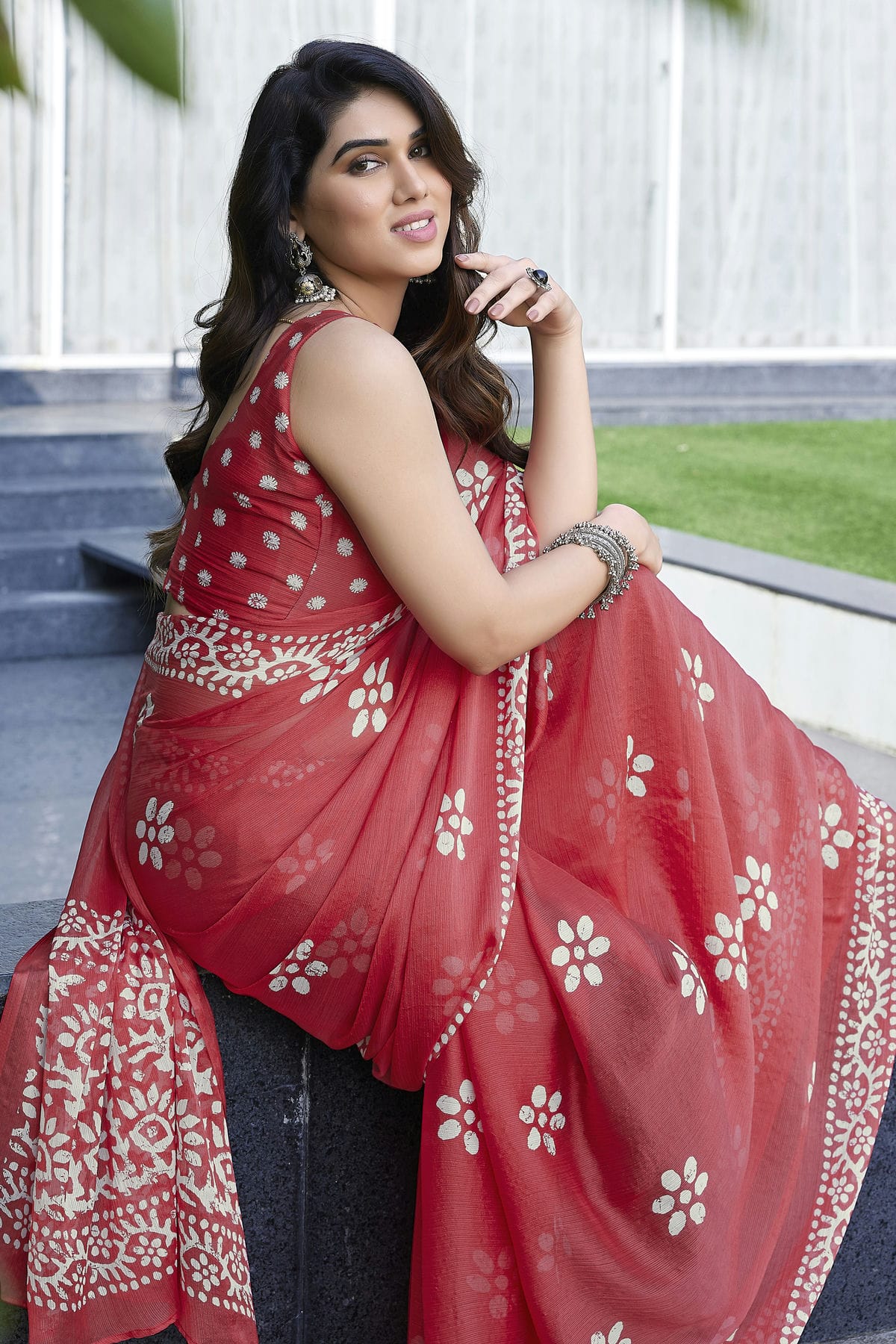 Peach Colour Chinon Chiffon Printed Saree VSSD1180131