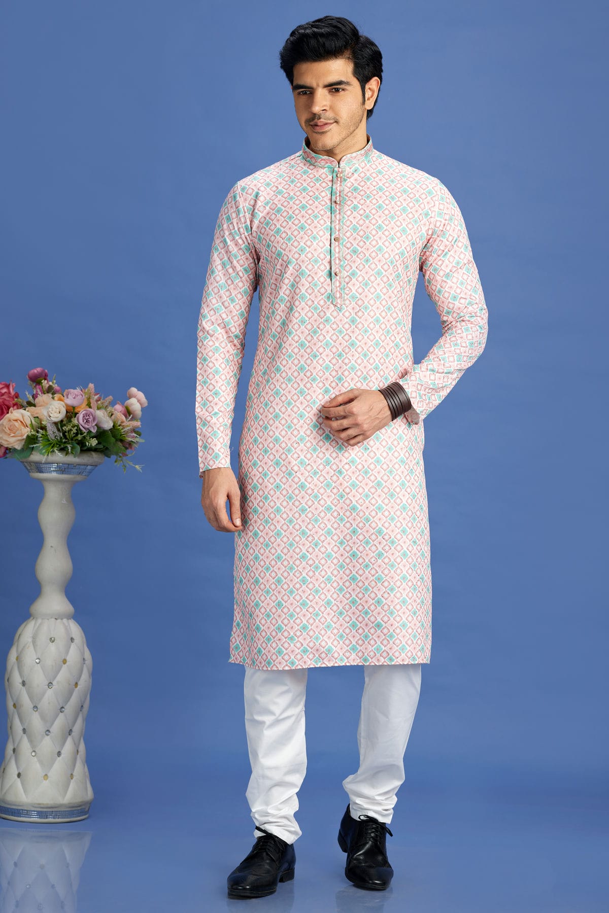 Peach Colour Cotton Pintex Work Kurta Pajama