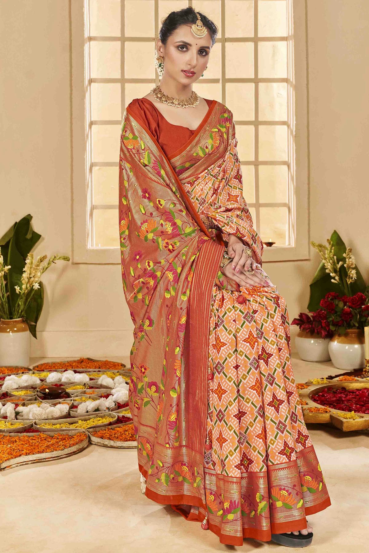 Peach Colour Cotton Silk Ikkat Printed Traditional Saree VSSD1113595