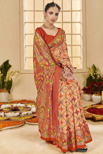 Peach Colour Cotton Silk Ikkat Printed Traditional Saree VSSD1113595