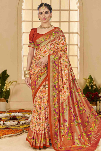 Peach Colour Cotton Silk Ikkat Printed Traditional Saree VSSD1113595