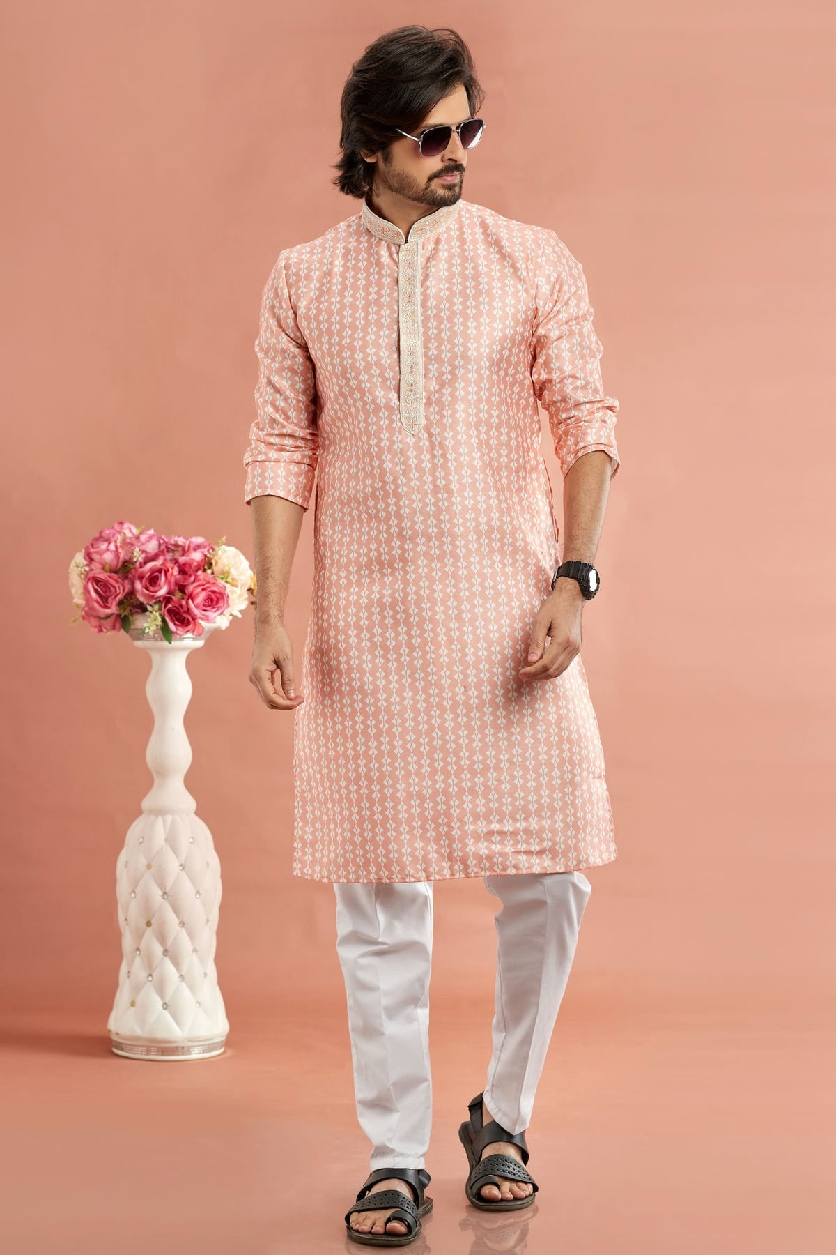 Peach Colour Cotton Thread Work Kurta Pajama VSKP1230169