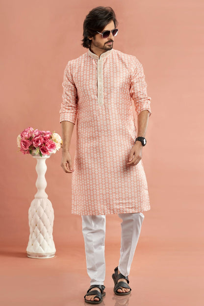 Peach Colour Cotton Thread Work Kurta Pajama VSKP1230169