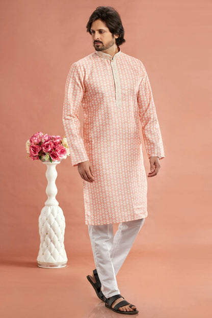 Peach Colour Cotton Thread Work Kurta Pajama