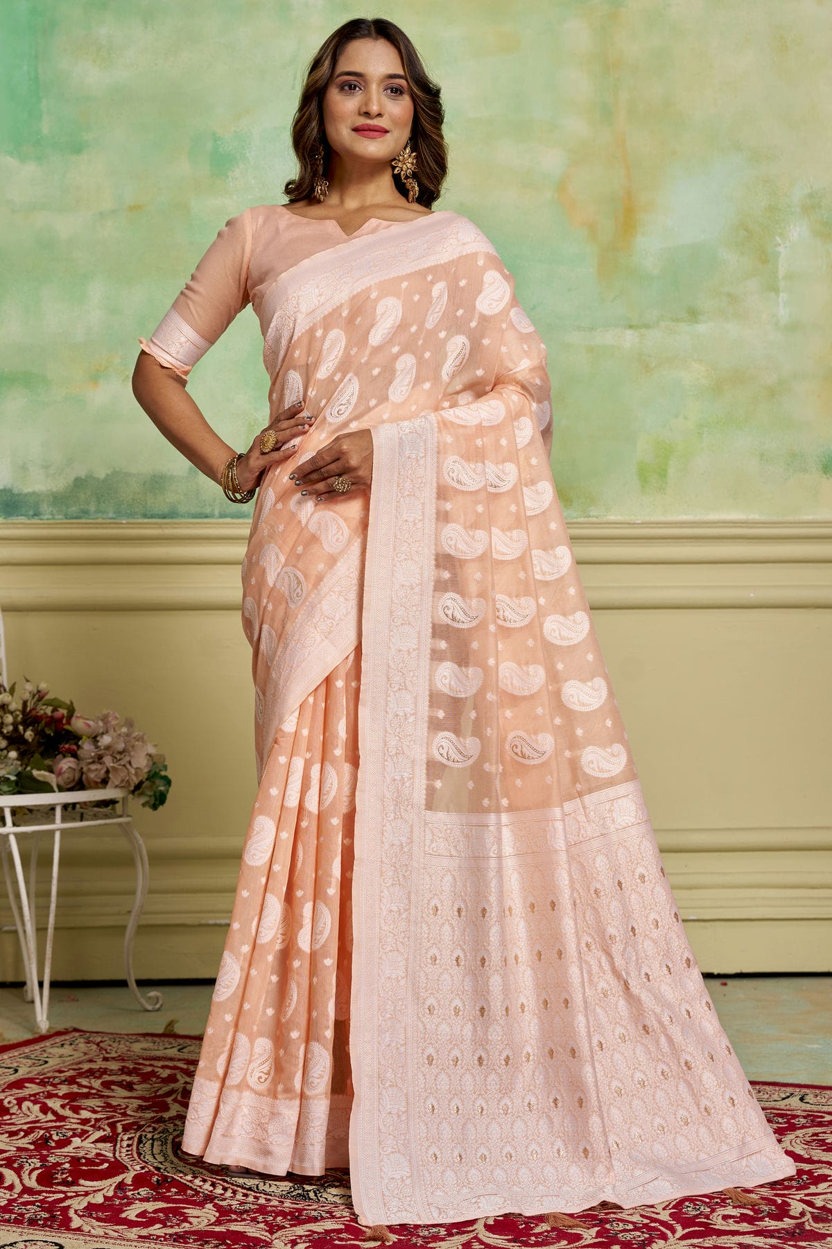 Peach Colour Cotton Traditional Saree
