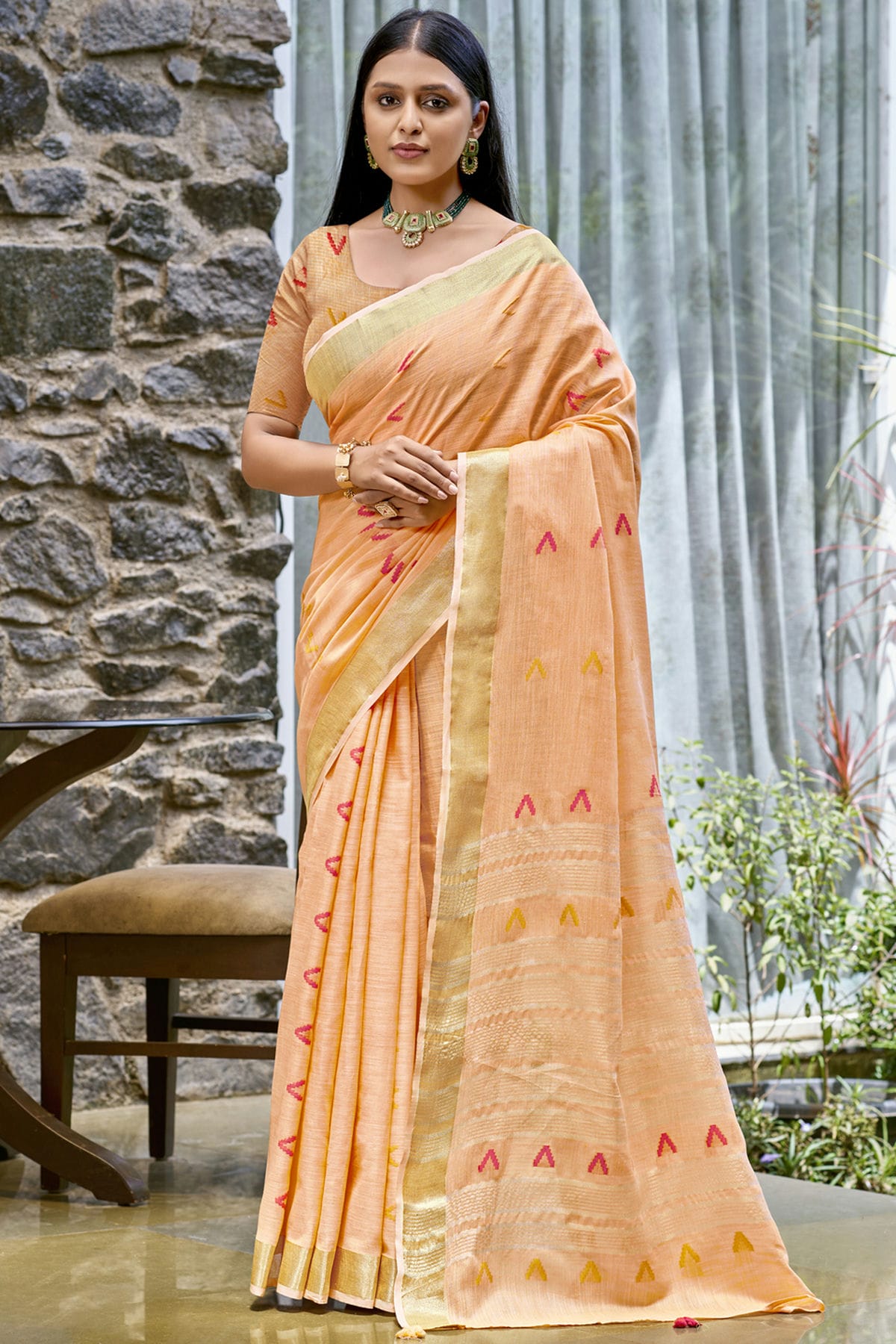 Peach Colour Cotton Woven Work Traditional Saree