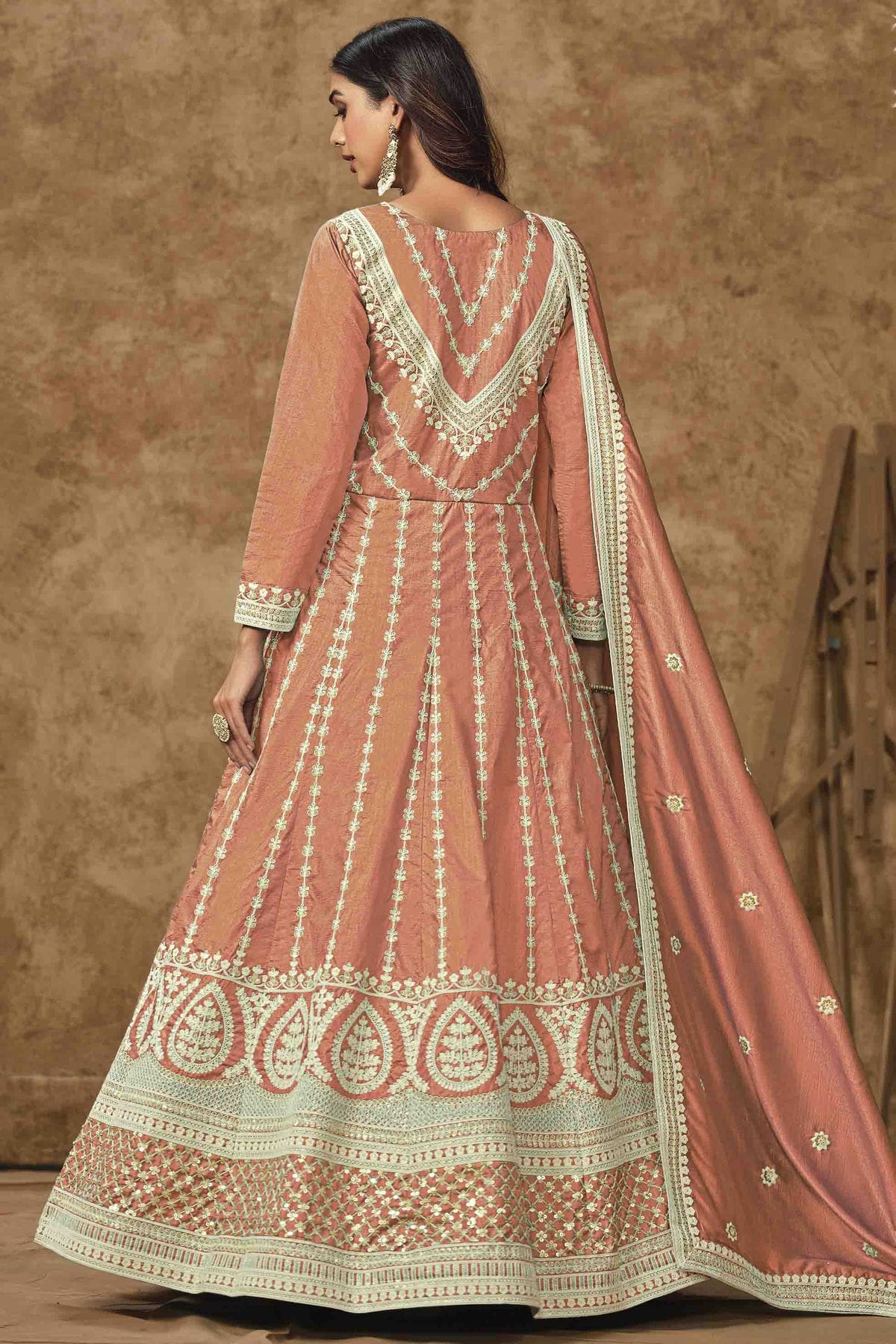 Peach Colour Dola Silk Semi Stitched Anarkali Suit VSSM1050704