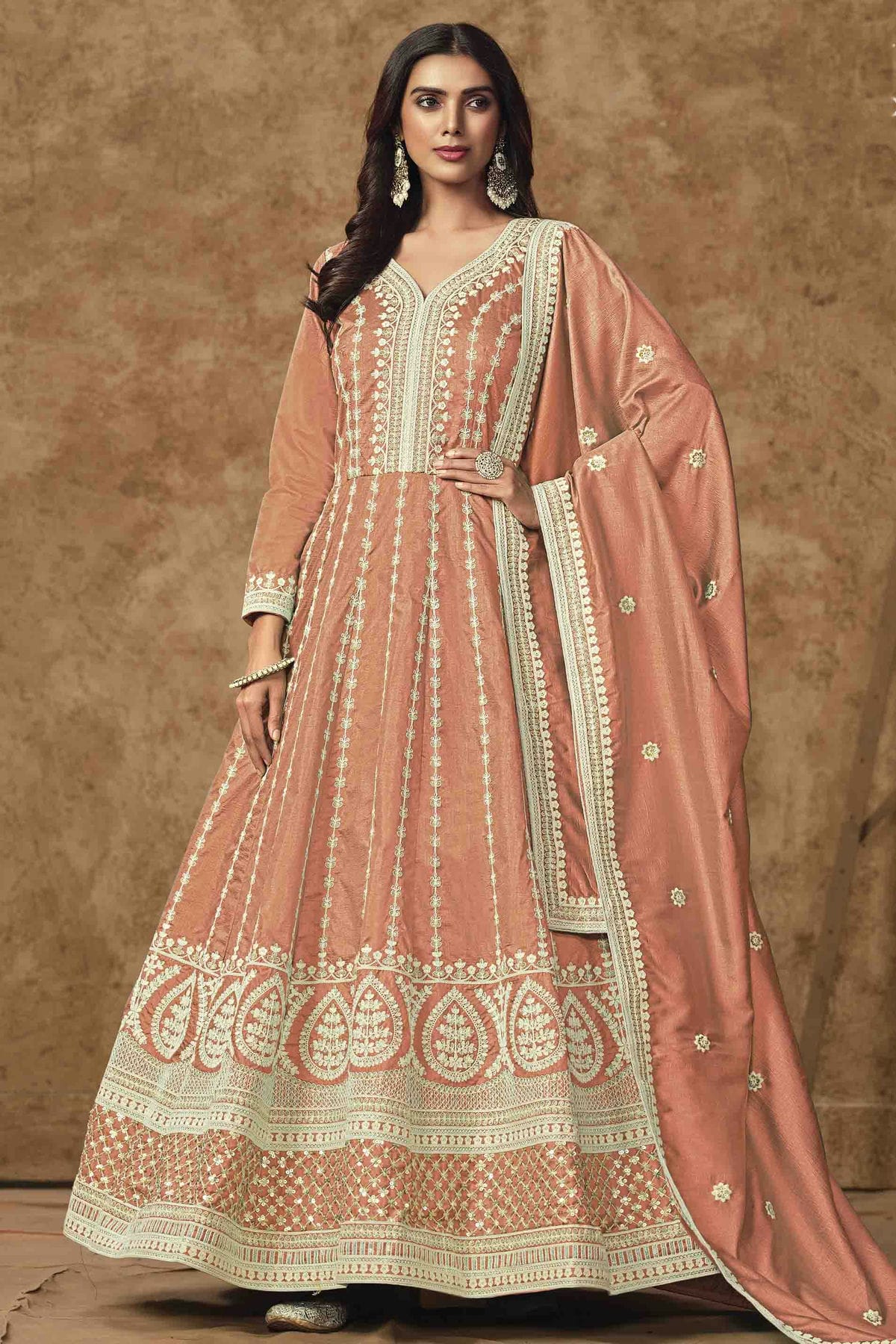 Peach Colour Dola Silk Semi Stitched Anarkali Suit VSSM1050704