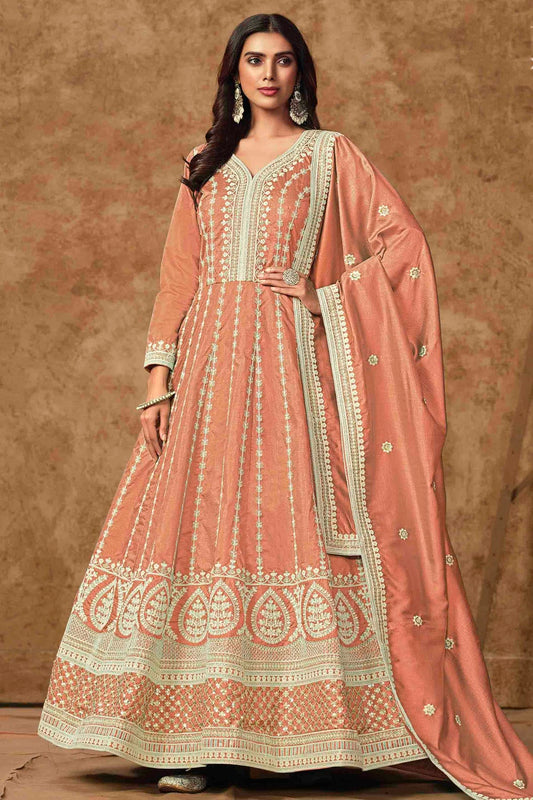 Peach Colour Dola Silk Semi Stitched Anarkali Suit VSSM1050704